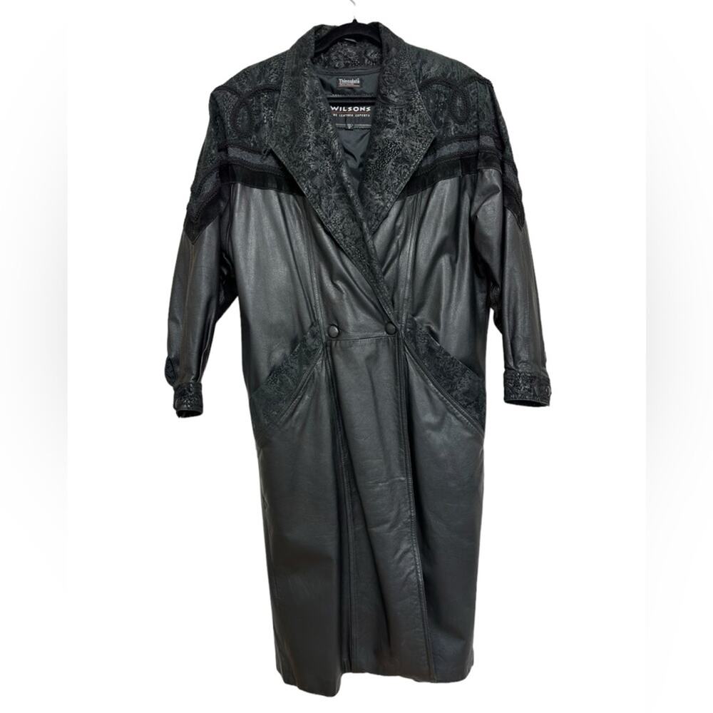 Vintage 80s Women's Wilson’s Genuine Leather Long Trench Coat in Black - Size S